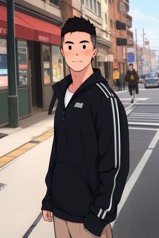 2boy,masterpiece,best quality,male focus, bust,looking at viewer, street,full_body,smile