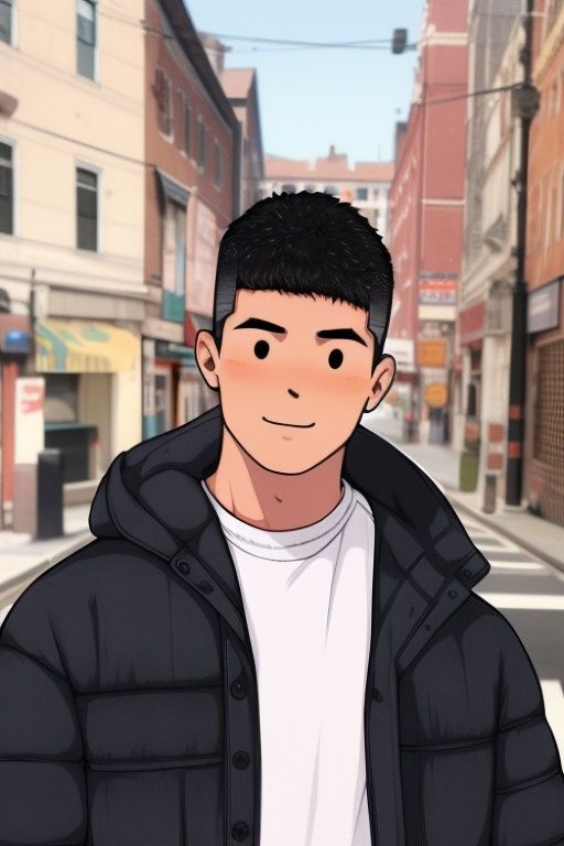 1boy,masterpiece,best quality,male focus, bust,looking at viewer, street,bust,smile