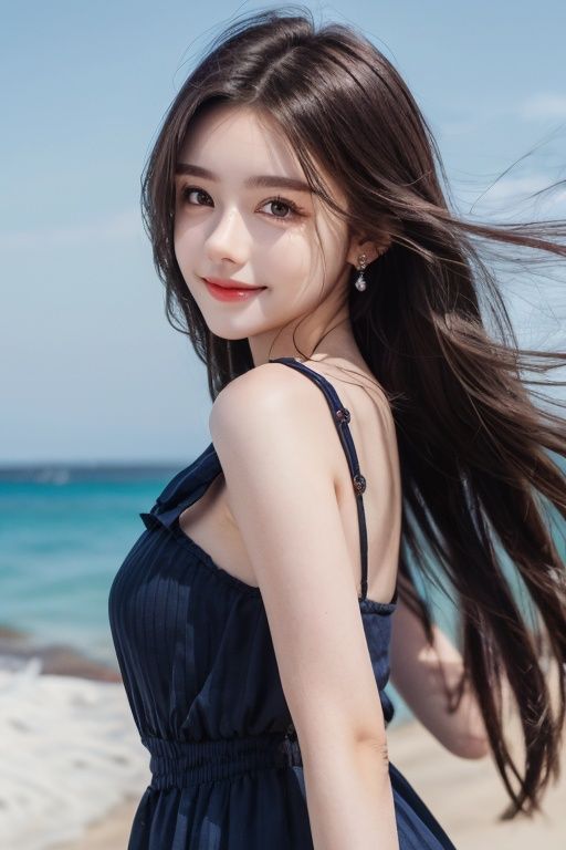  Seaside Beach,HDR,UHD,8K,Highly detailed,best quality,masterpiece,1girl,realistic,Highly detailed,(EOS R8,50mm,F1.2,8K,RAW photo:1.2),ultra realistic 8k cg,earrings, solo, 1girl, , long hair, Wind, flowing hair, kind smile, , pose for picture, , looking_at_viewer, , perfect body, , blue dress, jewelry,eluosi