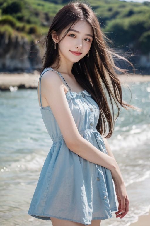  Seaside Beach,HDR,UHD,8K,Highly detailed,best quality,masterpiece,1girl,realistic,Highly detailed,(EOS R8,50mm,F1.2,8K,RAW photo:1.2),ultra realistic 8k cg,earrings, solo, 1girl, , long hair, Wind, flowing hair, kind smile, , pose for picture, , looking_at_viewer, , perfect body, , blue dress, jewelry,eluosi