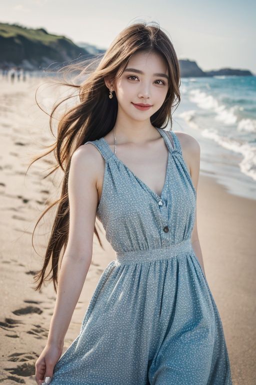  Seaside Beach,HDR,UHD,8K,Highly detailed,best quality,masterpiece,1girl,realistic,Highly detailed,(EOS R8,50mm,F1.2,8K,RAW photo:1.2),ultra realistic 8k cg,earrings, solo, 1girl, , long hair, Wind, flowing hair, kind smile, , pose for picture, , looking_at_viewer, , perfect body, , blue dress, jewelry,eluosi