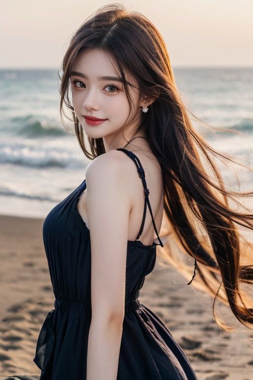  Seaside Beach,HDR,UHD,8K,Highly detailed,best quality,masterpiece,1girl,realistic,Highly detailed,(EOS R8,50mm,F1.2,8K,RAW photo:1.2),ultra realistic 8k cg,earrings, solo, 1girl, , long hair, Wind, flowing hair, kind smile, , pose for picture, , looking_at_viewer, , perfect body, , blue dress, jewelry,eluosi