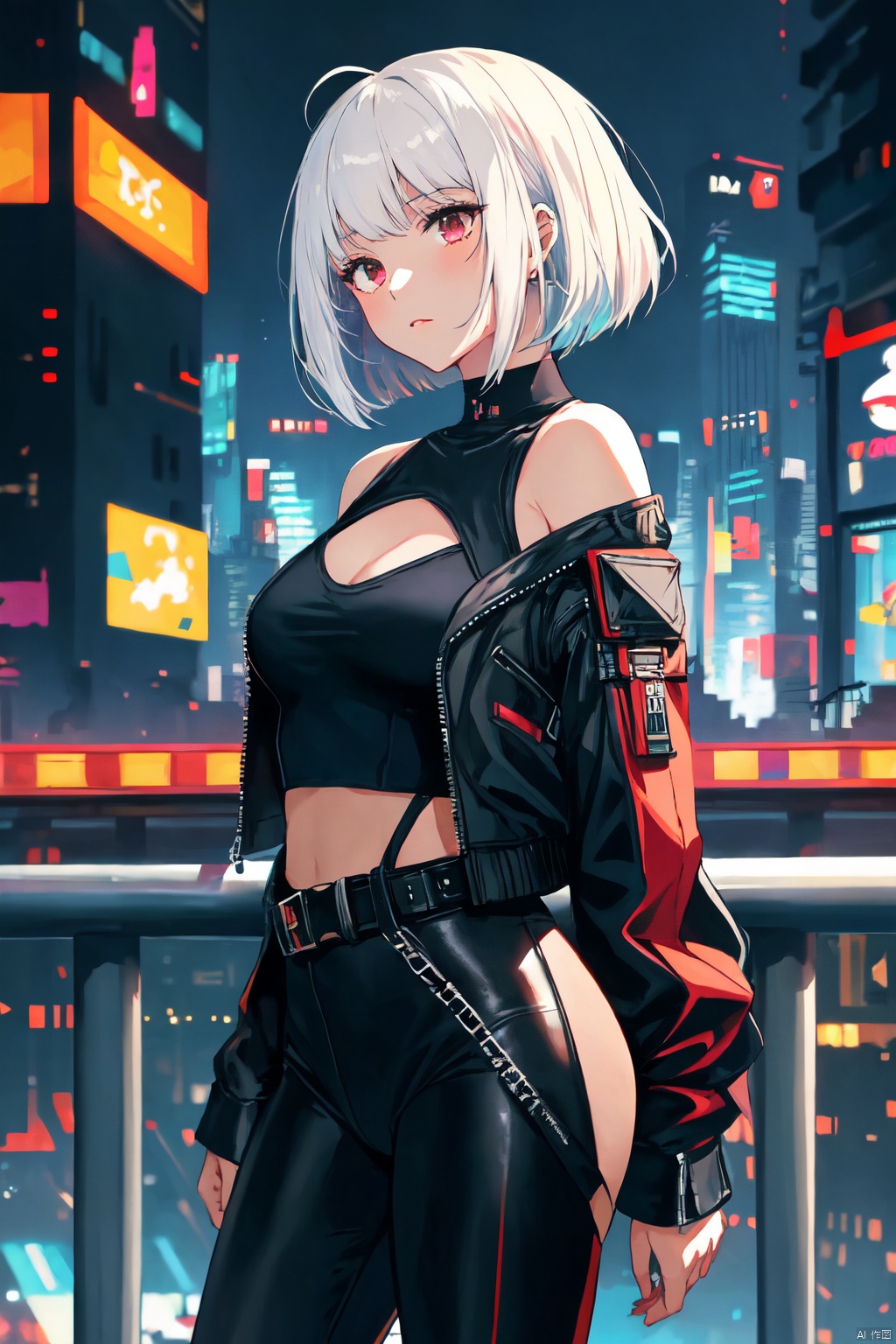  anime artwork lucy \(cyberpunk\), 1girl, white hair, against railing, arm rest, bangs, bare shoulders, belt, black belt, black leotard, black pants, blurry, bob cut, breasts, building, cityscape, clothing cutout, (cropped jacket), cyberpunk, from side, dramatic, key visual, vibrant, highly detailed,