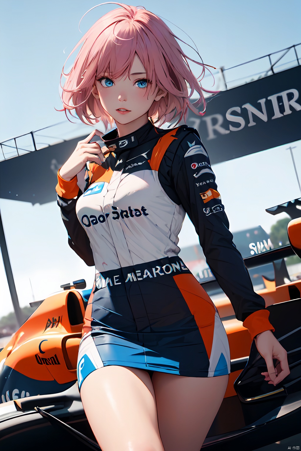  masterpiece,masterpiece, best quality,
bronyarand,1 girl, solo. pink hair,
Looking at viewer, full short, lips, blue eyes, standing, split legs, F1 car racing outfit, car racing model, F1, short skirt, perfect slim body,（white and orange:1.2), heels. low angle view