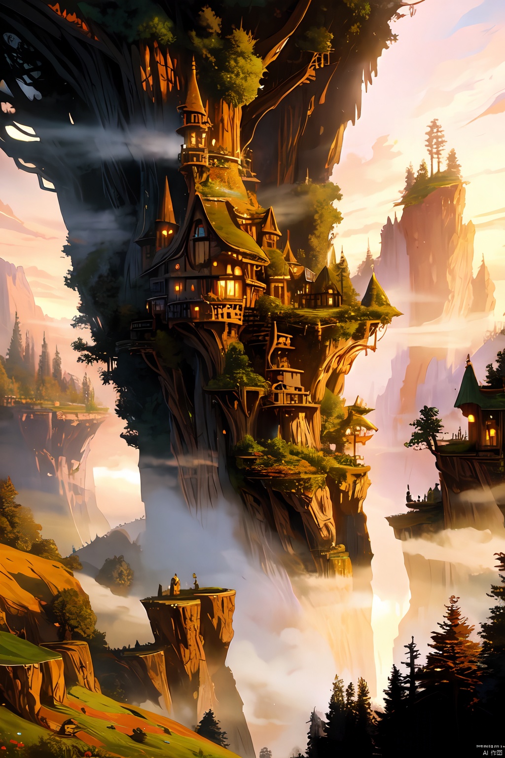  valley, fairytale treehouse village covered, , matte painting, highly detailed, dynamic lighting, cinematic, realism, realistic, photo real, sunset, detailed, high contrast, denoised, centered, michael whelan