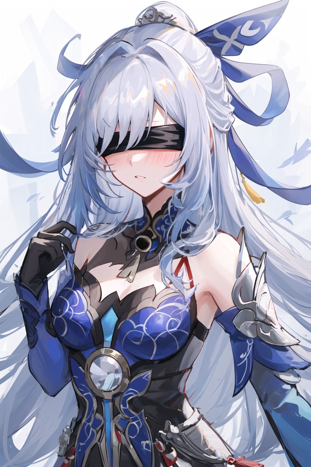 detailed,masterpiece,best quality,jingliu \(honkai: star rail\),silver hair,silver hair,hair ribbon,bare shoulders,blue dress,detached sleeves,black gloves,blindfold,blush,<lora:镜流jingliu:0.6>,