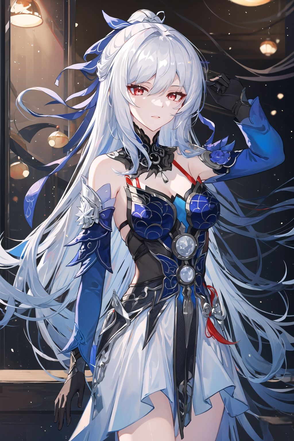 detailed,masterpiece,best quality,jingliu \(honkai: star rail\),silver hair,silver hair,hair ribbon,bare shoulders,blue dress,detached sleeves,black gloves,red eyes,,<lora:镜流jingliu:0.6>,