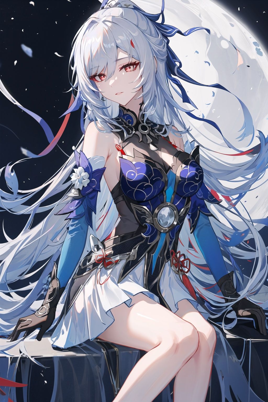 detailed,masterpiece,best quality,jingliu \(honkai: star rail\),silver hair,silver hair,hair ribbon,bare shoulders,blue dress,detached sleeves,black gloves,red eyes,,<lora:镜流jingliu:0.6>,