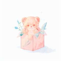 blank background, pure white background, watercolor flower,  <lora:watercolor_flower:1>, a gif box, a teddy bear, 