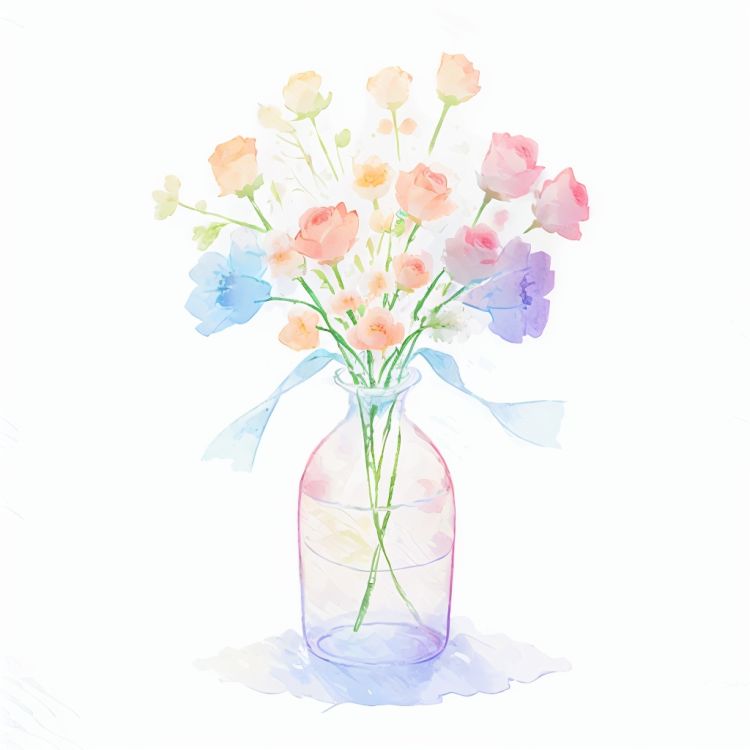 blank background, pure white background, watercolor flower, <lora:watercolor_flower:1>, a vase of roses,