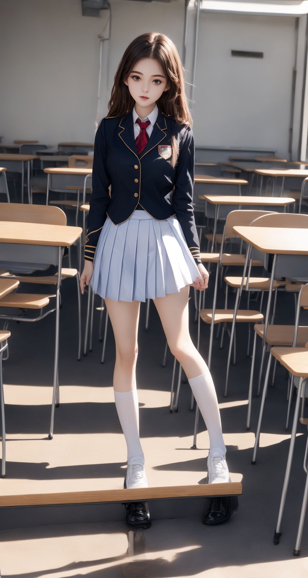  Best quality, 8k, cg,1girl,jk,uniform,campus,beautiful legs,black stockings, 1girl