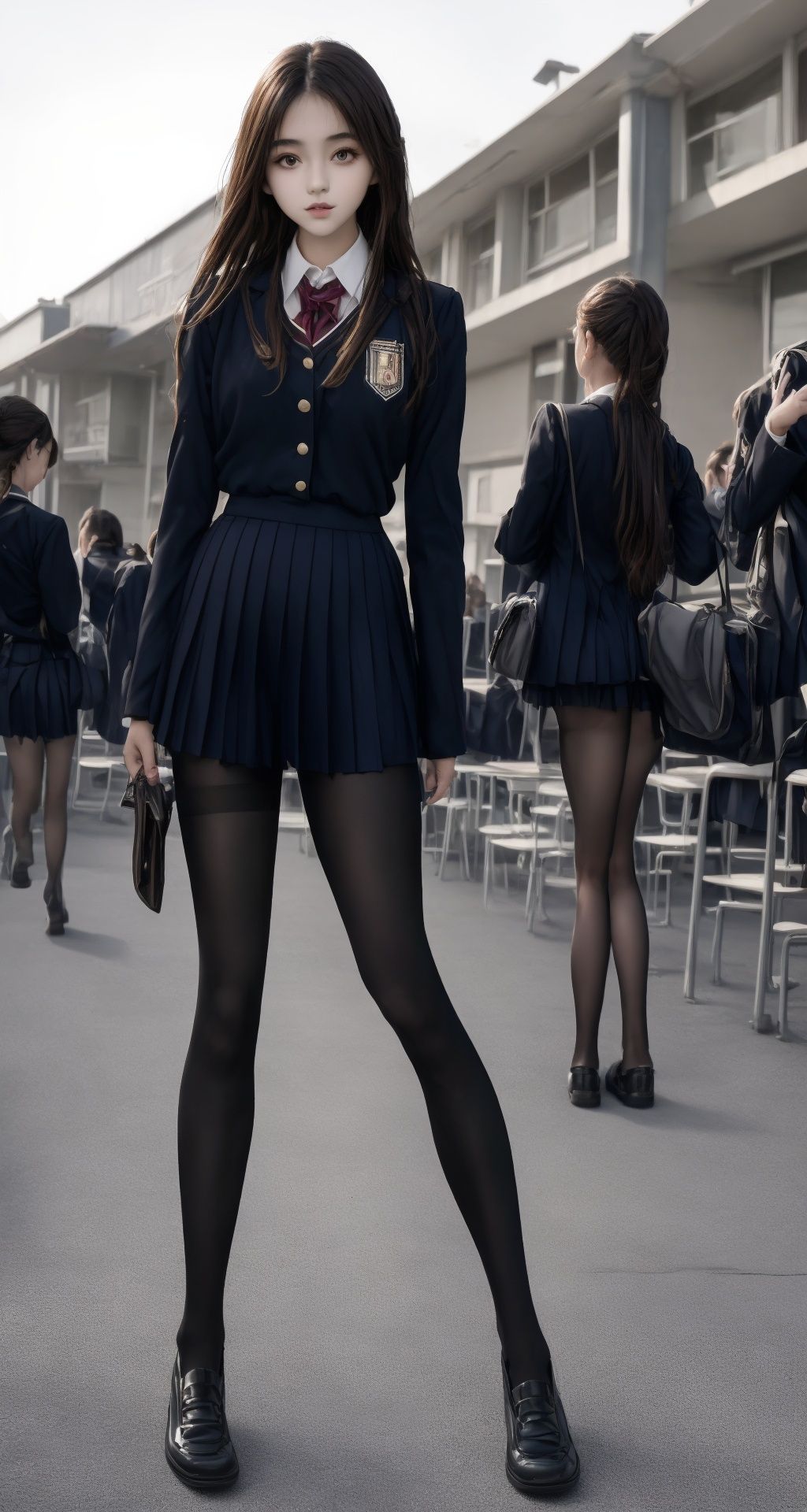  Best quality, 8k, cg,1girl,jk,uniform,campus,beautiful legs,black stockings, 1girl, black pantyhose