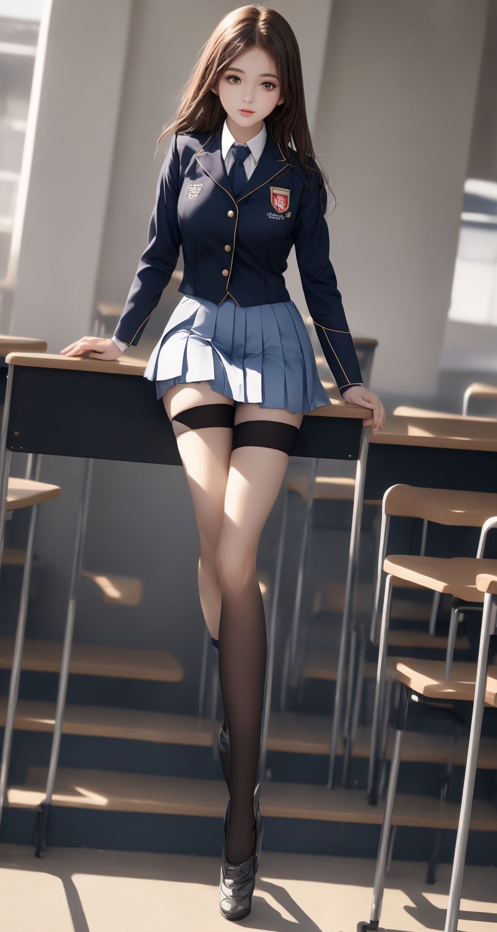  Best quality, 8k, cg,1girl,jk,uniform,campus,beautiful legs,black stockings, 1girl