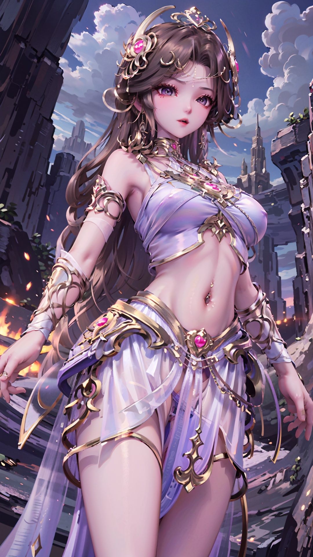  masterpiece,best quality,1girl, solo, brown hair, navel piercing, jewelry, white dress, long hair, navel, hair ornament, cowboy shot, dynamic pose, dynamic angle,