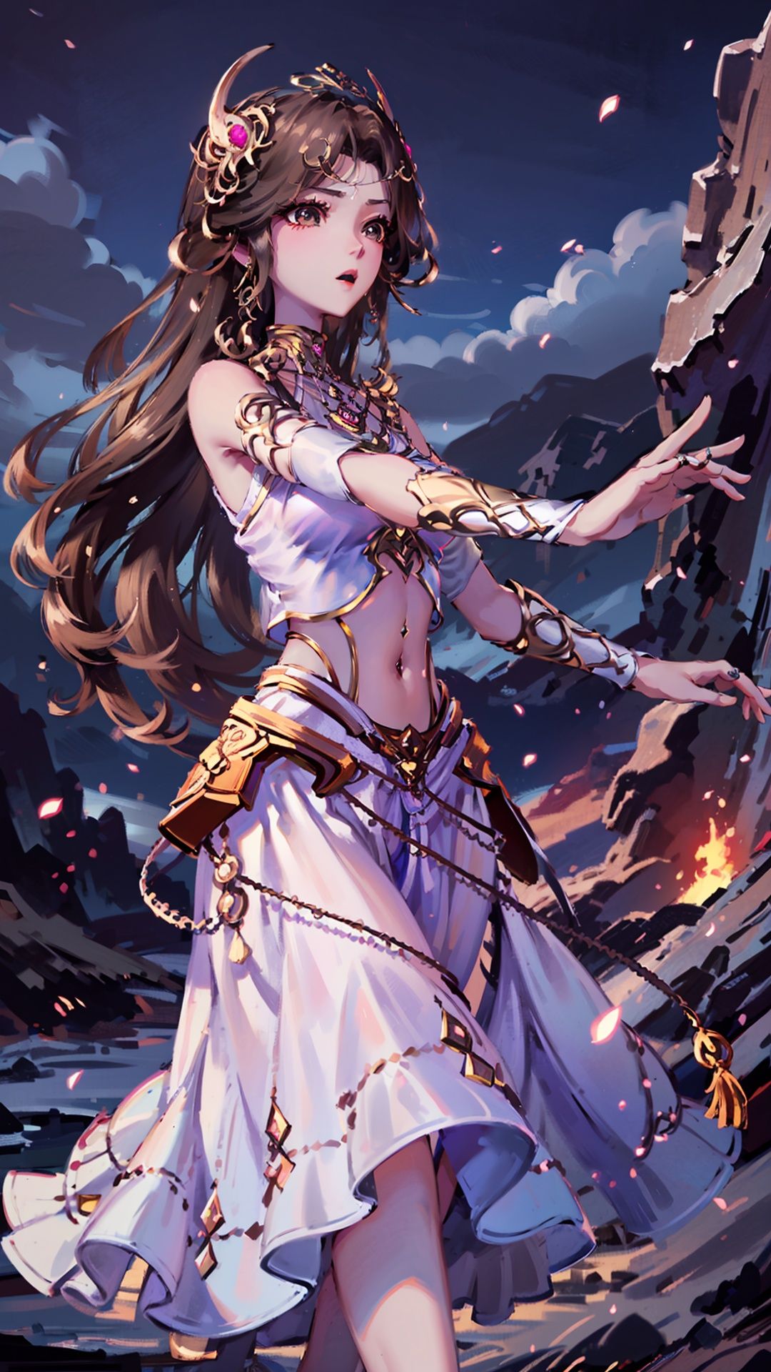  masterpiece,best quality,1girl, solo, brown hair, navel piercing, jewelry, white dress, long hair, navel, hair ornament, cowboy shot, dynamic pose, dynamic angle,