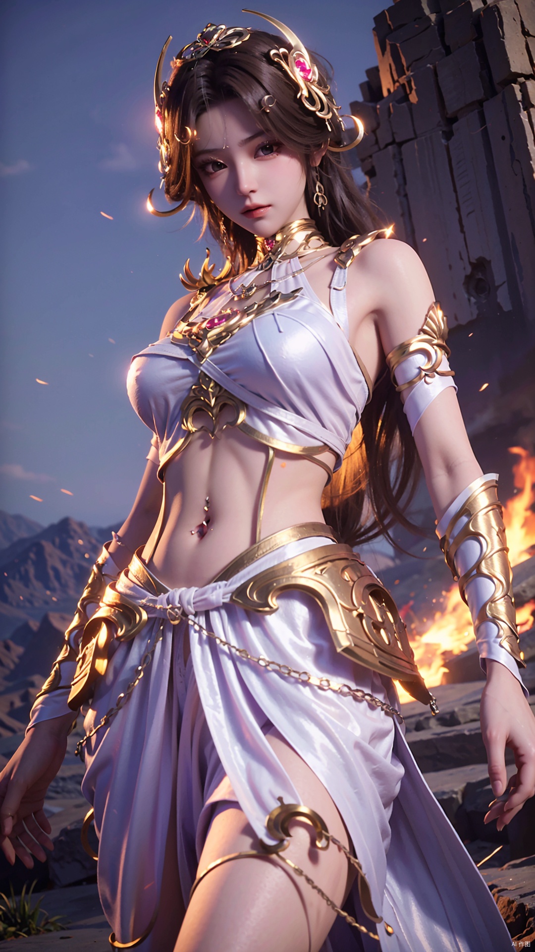  masterpiece,best quality,1girl, solo, brown hair, navel piercing, jewelry, white dress, long hair, navel, hair ornament, cowboy shot, dynamic pose, dynamic angle,