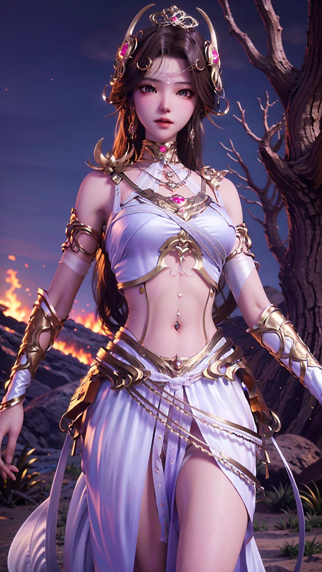  masterpiece,best quality,1girl, solo, brown hair, navel piercing, jewelry, white dress, long hair, navel, hair ornament, cowboy shot, dynamic pose, dynamic angle,
