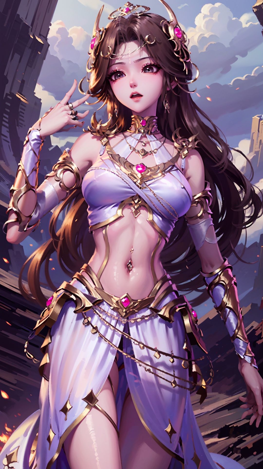  masterpiece,best quality,1girl, solo, brown hair, navel piercing, jewelry, white dress, long hair, navel, hair ornament, cowboy shot, dynamic pose, dynamic angle,