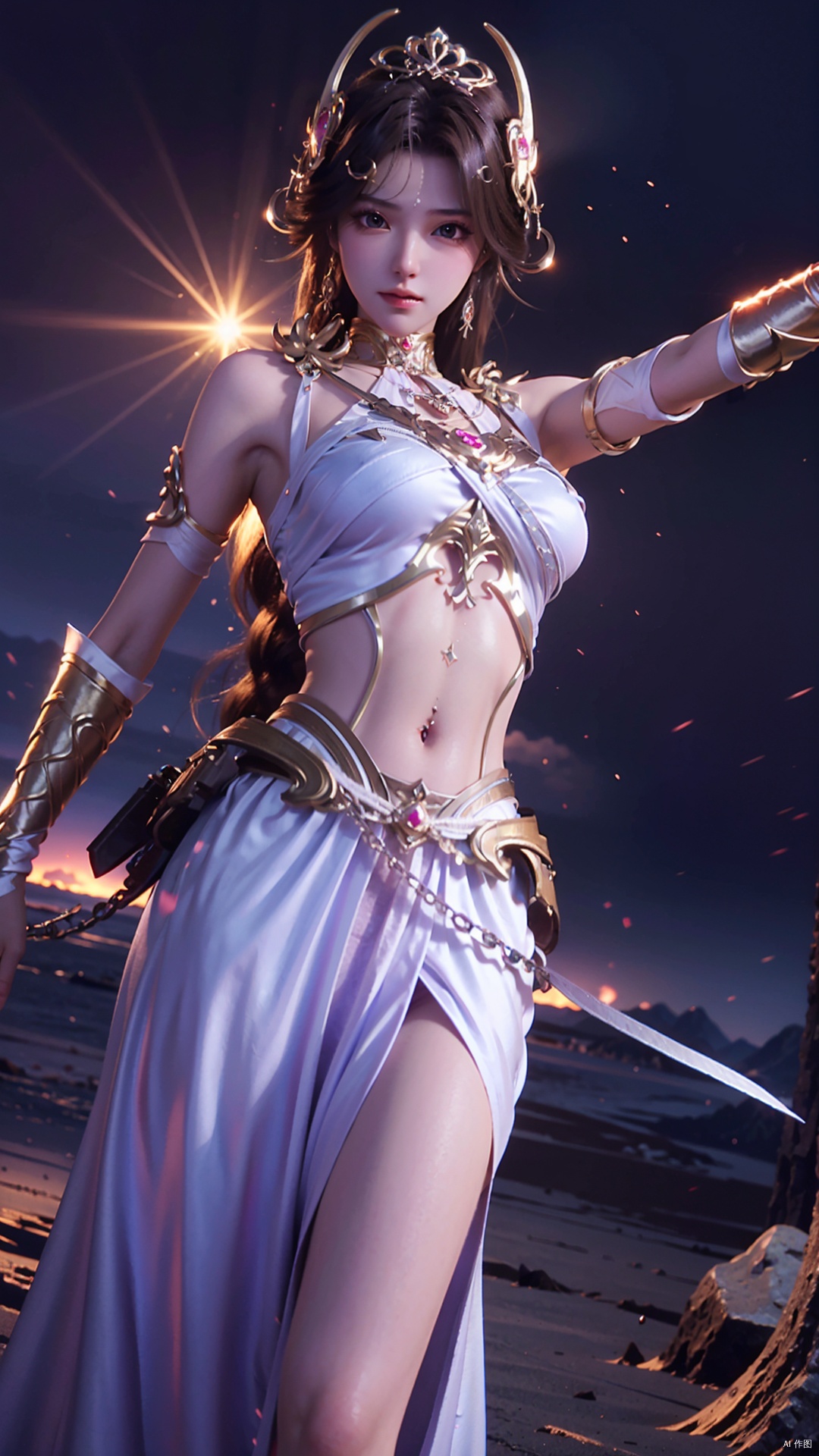 masterpiece,best quality,1girl, solo, brown hair, navel piercing, jewelry, white dress, long hair, navel, hair ornament, cowboy shot, dynamic pose, dynamic angle,