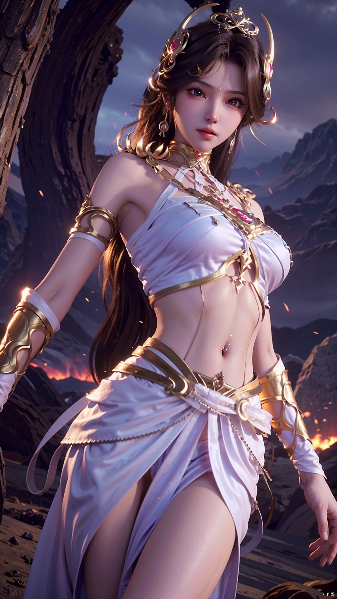  masterpiece,best quality,1girl, solo, brown hair, navel piercing, jewelry, white dress, long hair, navel, hair ornament, cowboy shot, dynamic pose, dynamic angle,