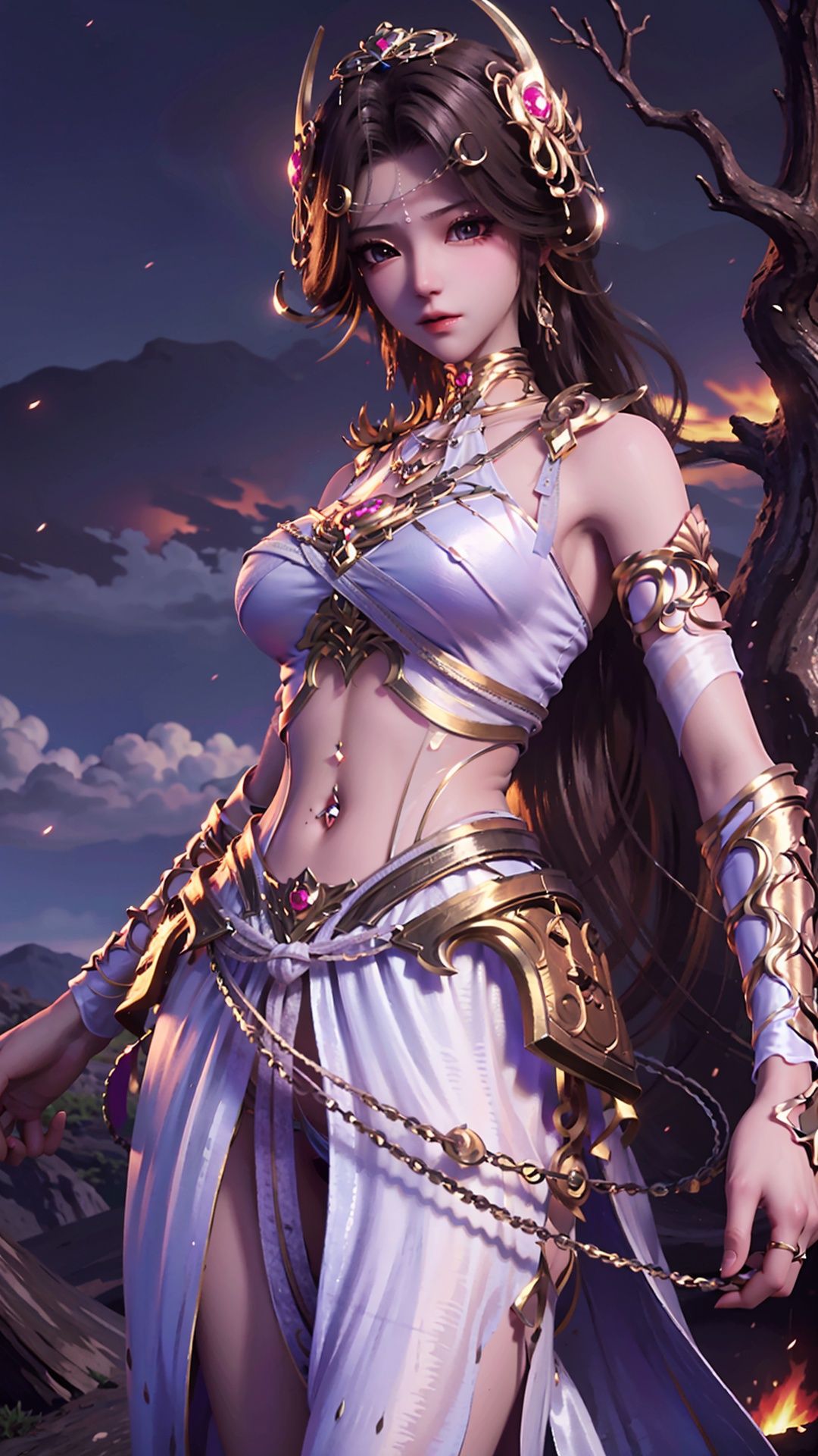  masterpiece,best quality,1girl, solo, brown hair, navel piercing, jewelry, white dress, long hair, navel, hair ornament, cowboy shot, dynamic pose, dynamic angle,