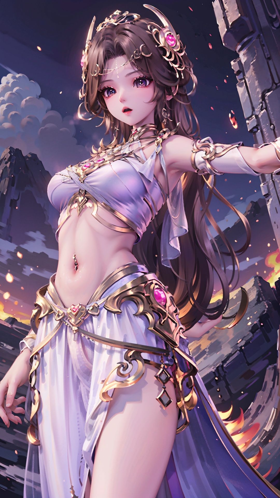  masterpiece,best quality,1girl, solo, brown hair, navel piercing, jewelry, white dress, long hair, navel, hair ornament, cowboy shot, dynamic pose, dynamic angle,