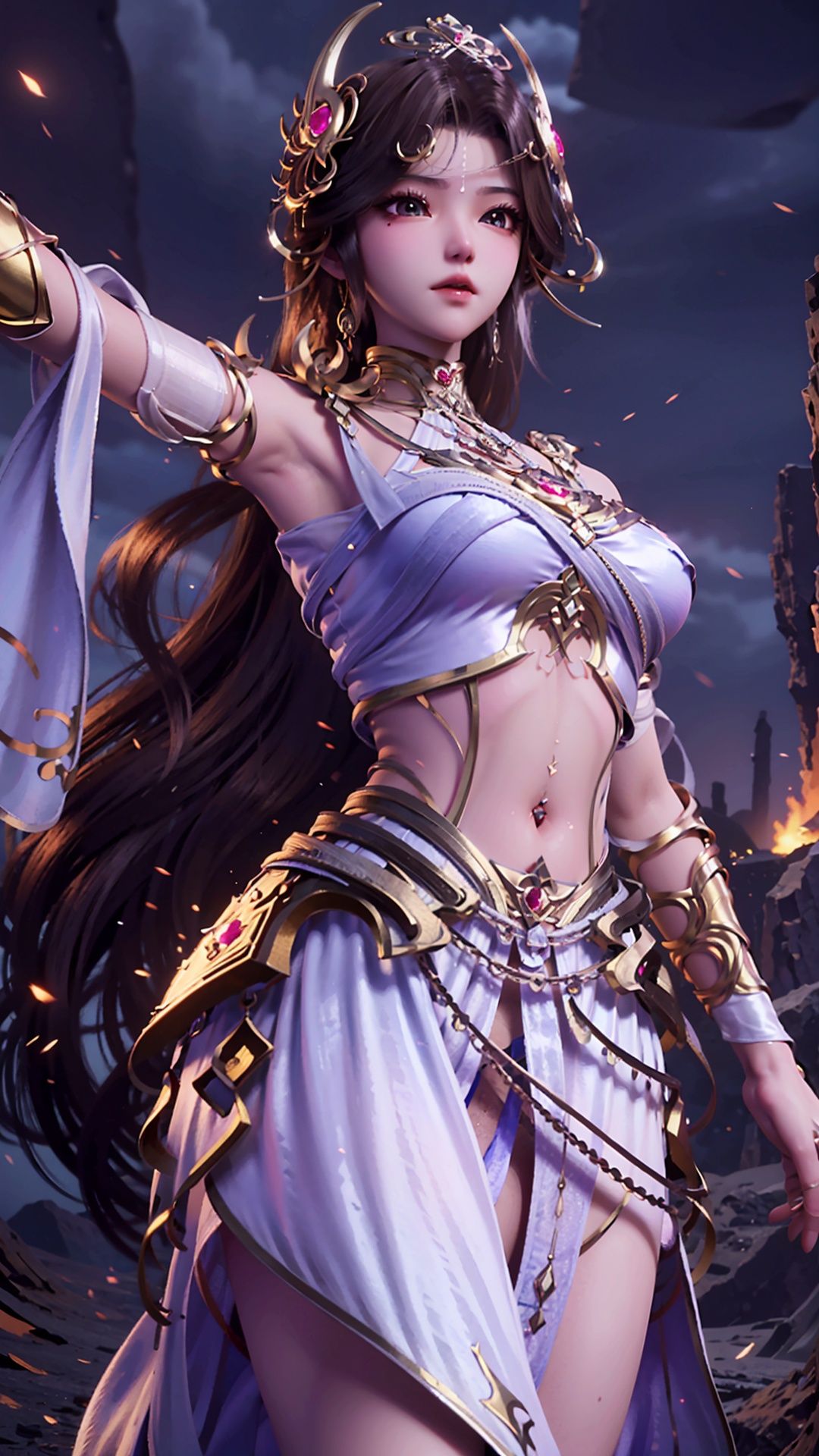  masterpiece,best quality,1girl, solo, brown hair, navel piercing, jewelry, white dress, long hair, navel, hair ornament, cowboy shot, dynamic pose, dynamic angle,