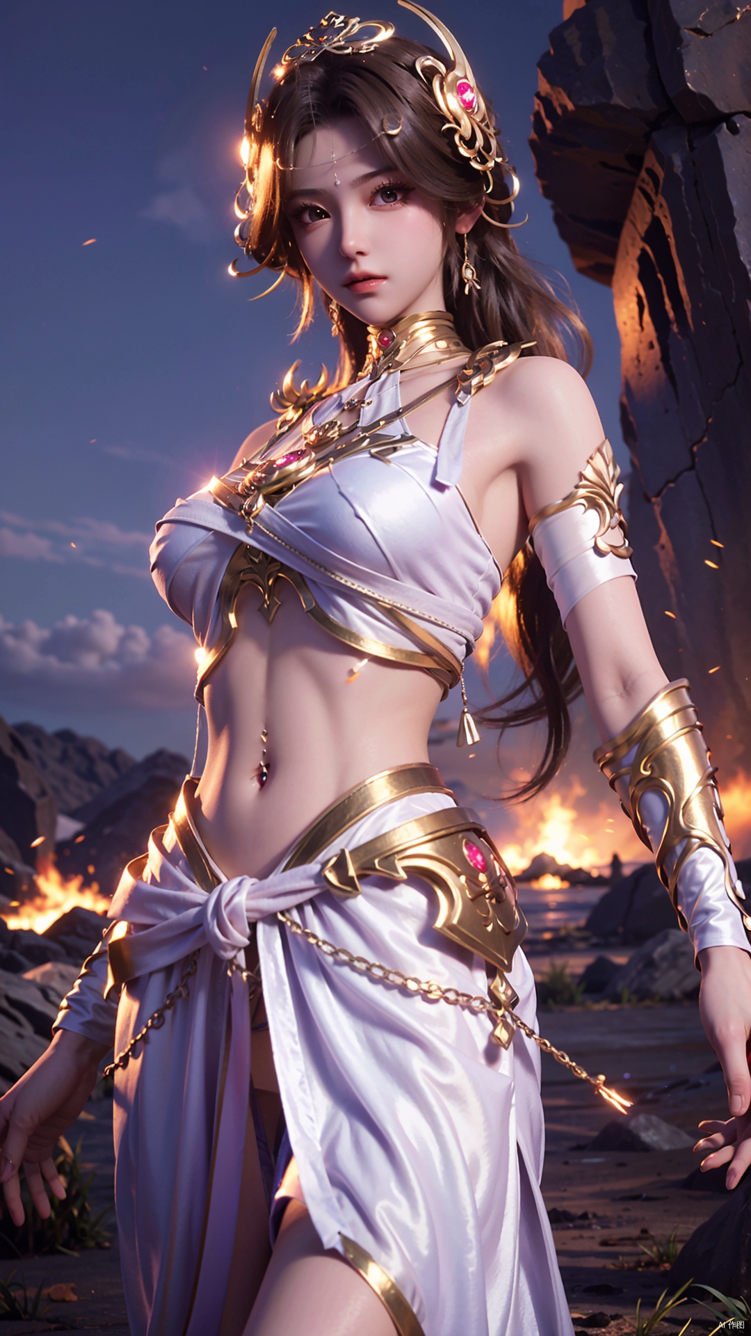  masterpiece,best quality,1girl, solo, brown hair, navel piercing, jewelry, white dress, long hair, navel, hair ornament, cowboy shot, dynamic pose, dynamic angle,