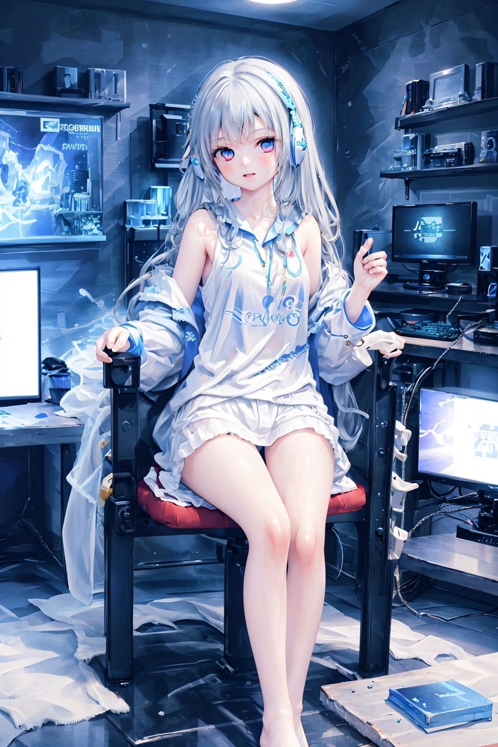 Best quality, 8k, cg, 1girl,Sit in front of the game console,Wear a coat,blue,Bare shoulders