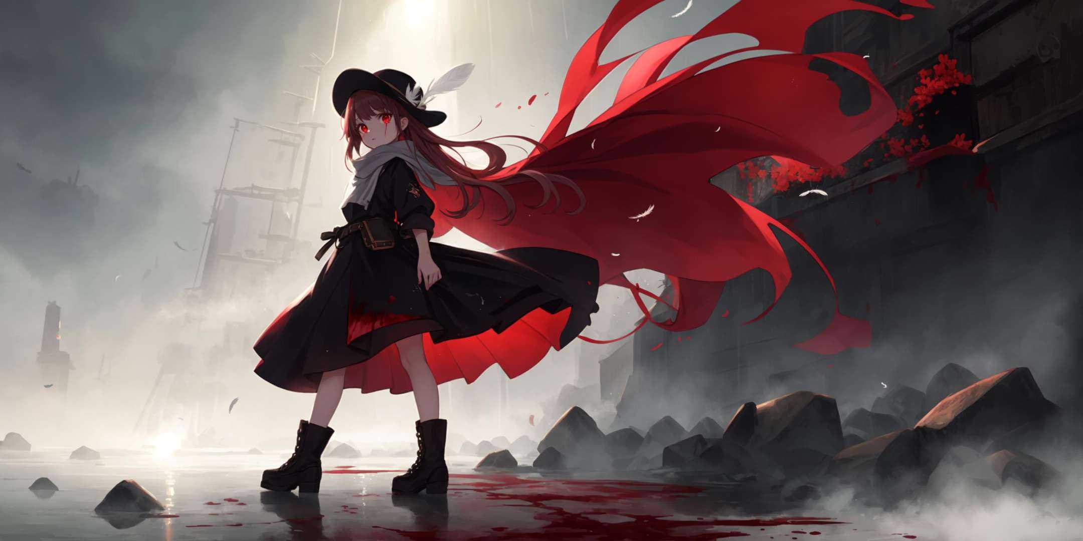 ((best quality)),(((masterpiece))),(highres),original,extremely detailed 8K wallpaper,[an extremely delicate and beautiful girl who with dark red long hair,dress,scarf,feather and cowboy hat],(beautiful detailed red eyes:1.1),solo,full body,yandere,deranged,((eyeshine, glittering eyes)),Alice Prin,official art,concept art,rayonism,(partial skin exposure:1.2),(oily skin:1.3),(reflective skin:1.1),Blood Mist,blood sakura,Blood Rain,beautiful deatailed shadow,Splashing blood,dust,many feathers,light shafts,good lighting,steampunk,