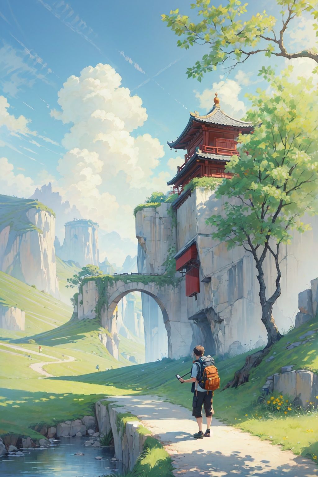  (((masterpiece))), ((extremely detailed CG unity 8k wallpaper)), best quality, high resolution illustration, Amazing, highres, intricate detail, (best illumination, best shadow, an extremely delicate and beautiful), 2D ConceptualDesign, scenery, outdoors, cloud, day, sky, tree, blue sky, mountain, landscape, water, backpack,(chinese new year:1.2), Oil painting