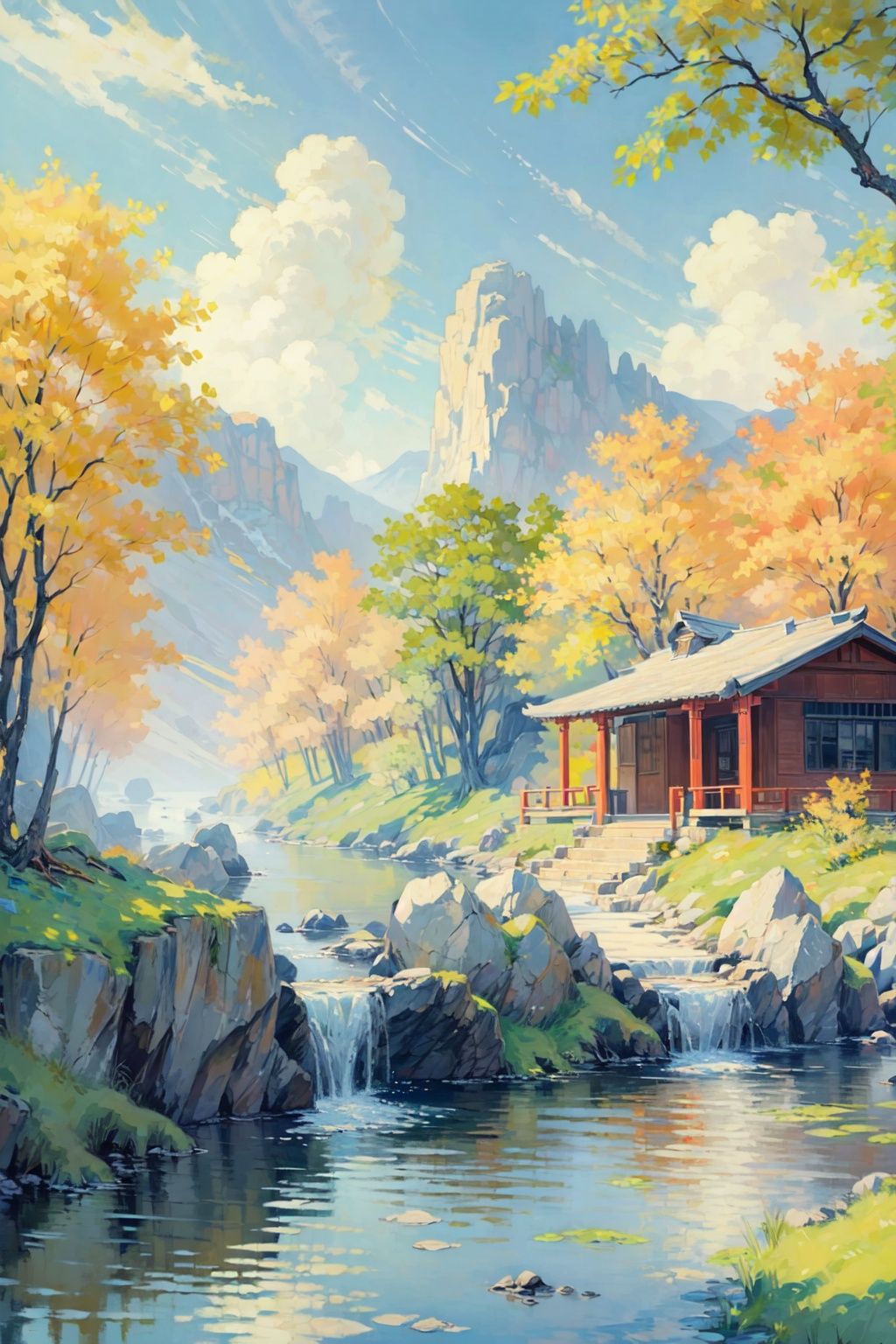  (((masterpiece))), ((extremely detailed CG unity 8k wallpaper)), best quality, high resolution illustration, Amazing, highres, intricate detail, (best illumination, best shadow, an extremely delicate and beautiful), 2D ConceptualDesign, scenery, outdoors, cloud, day, sky, tree, blue sky, mountain, landscape, water, backpack,(chinese new year:1.2), Oil painting, autumn