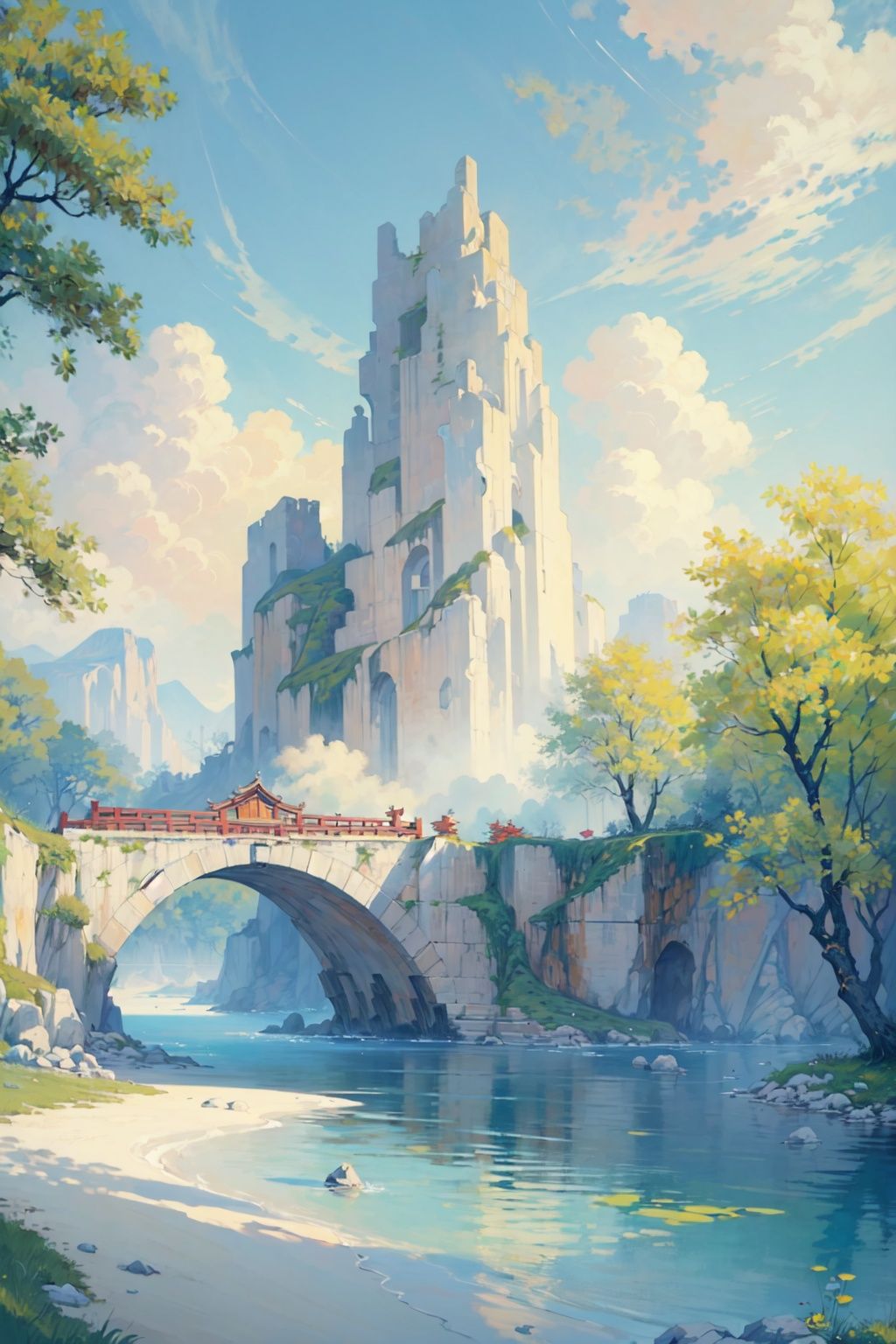  (((masterpiece))), ((extremely detailed CG unity 8k wallpaper)), best quality, high resolution illustration, Amazing, highres, intricate detail, (best illumination, best shadow, an extremely delicate and beautiful), 2D ConceptualDesign, scenery, outdoors, cloud, day, sky, tree, blue sky, mountain, landscape, water, backpack,(chinese new year:1.2), Oil painting