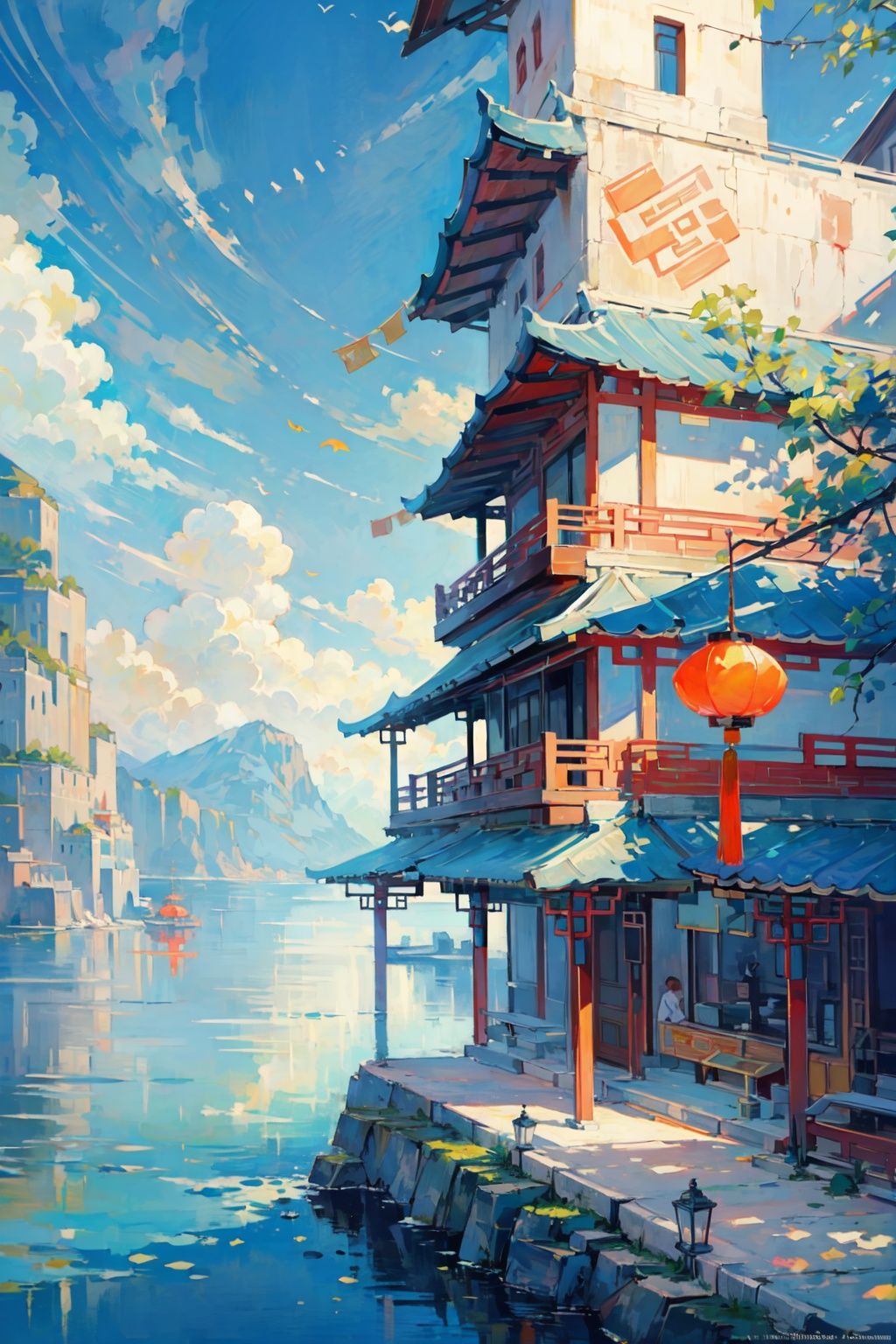 (((masterpiece))), ((extremely detailed CG unity 8k wallpaper)), best quality, high resolution illustration, Amazing, highres, intricate detail, (best illumination, best shadow, an extremely delicate and beautiful), 2D ConceptualDesign, scenery, outdoors, cloud, day, sky, tree, blue sky, mountain, landscape, water, backpack,(chinese new year:1.2), Oil painting