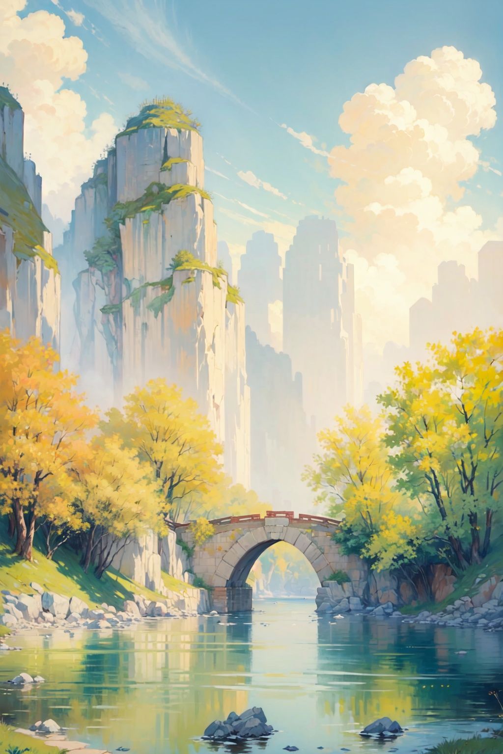  (((masterpiece))), ((extremely detailed CG unity 8k wallpaper)), best quality, high resolution illustration, Amazing, highres, intricate detail, (best illumination, best shadow, an extremely delicate and beautiful), 2D ConceptualDesign, scenery, outdoors, cloud, day, sky, tree, blue sky, mountain, landscape, water, backpack,(chinese new year:1.2), Oil painting