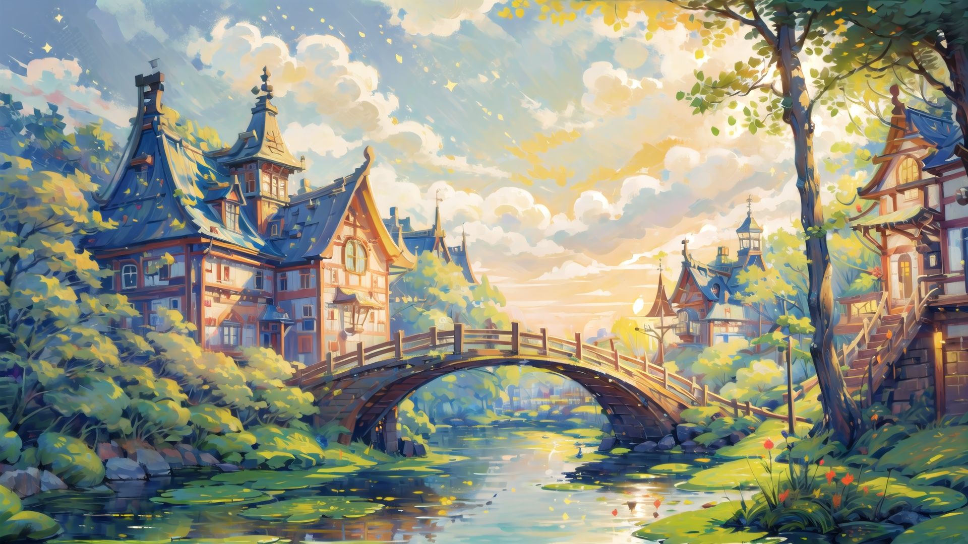  (((masterpiece))), ((extremely detailed CG unity 8k wallpaper)), best quality, high resolution illustration, Amazing, highres, intricate detail, (best illumination, best shadow, an extremely delicate and beautiful),

2D ConceptualDesign, scenery, lily pad, outdoors, sky, cloud, no humans, day, water, building, blue sky, tree, boat, watercraft, house, bridge, fantasy, Oil painting, bichu
