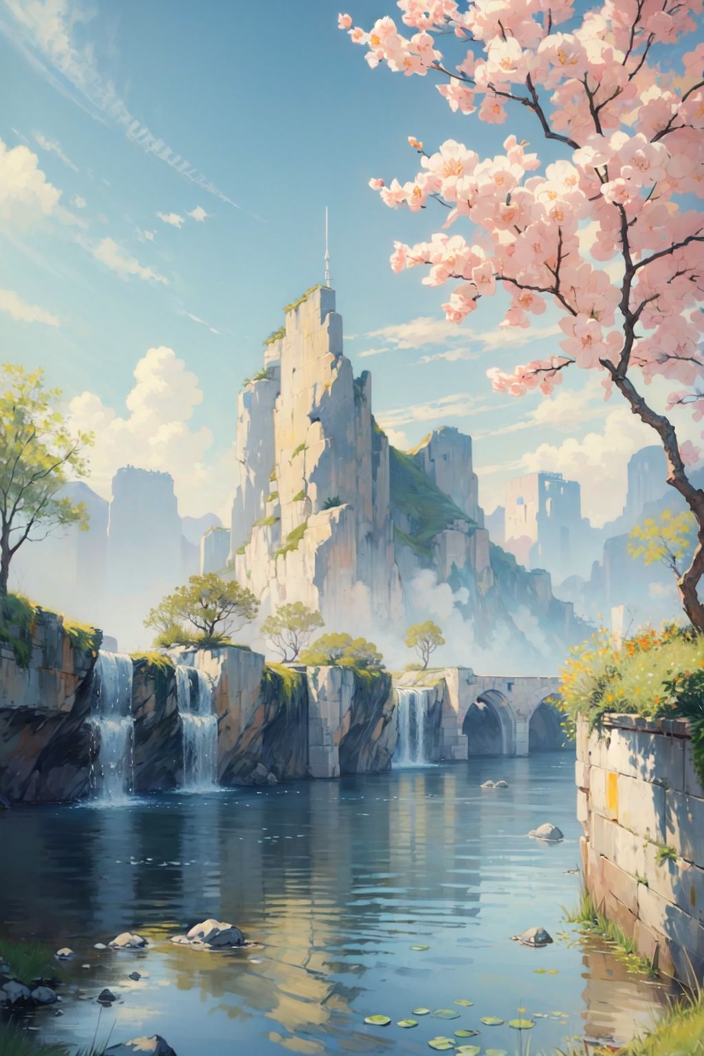  (((masterpiece))), ((extremely detailed CG unity 8k wallpaper)), best quality, high resolution illustration, Amazing, highres, intricate detail, (best illumination, best shadow, an extremely delicate and beautiful), 2D ConceptualDesign, scenery, outdoors, cloud, day, sky, tree, blue sky, mountain, landscape, water, backpack,(chinese new year:1.2), Oil painting