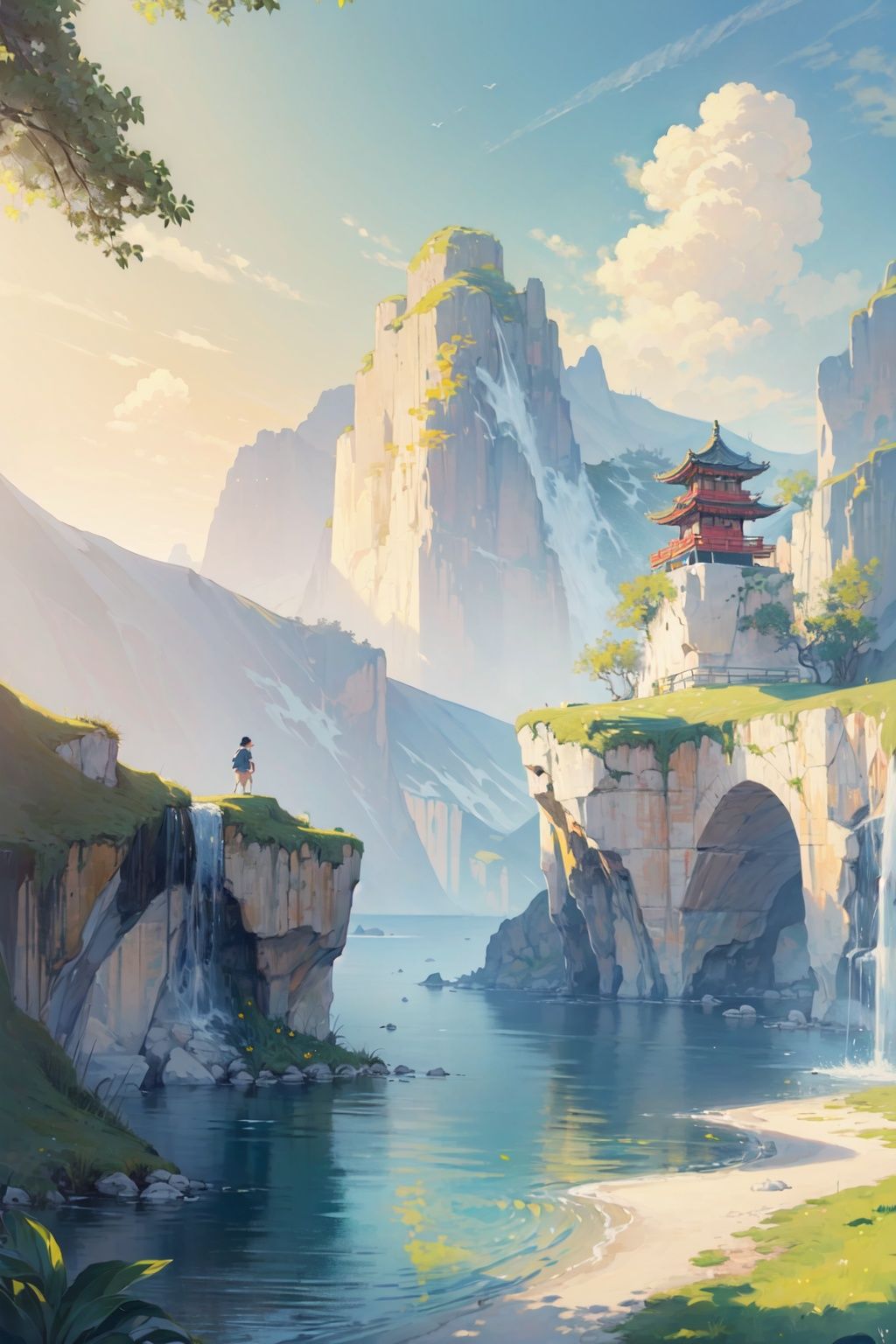  (((masterpiece))), ((extremely detailed CG unity 8k wallpaper)), best quality, high resolution illustration, Amazing, highres, intricate detail, (best illumination, best shadow, an extremely delicate and beautiful), 2D ConceptualDesign, scenery, outdoors, cloud, day, sky, tree, blue sky, mountain, landscape, water, backpack,(chinese new year:1.2), Oil painting