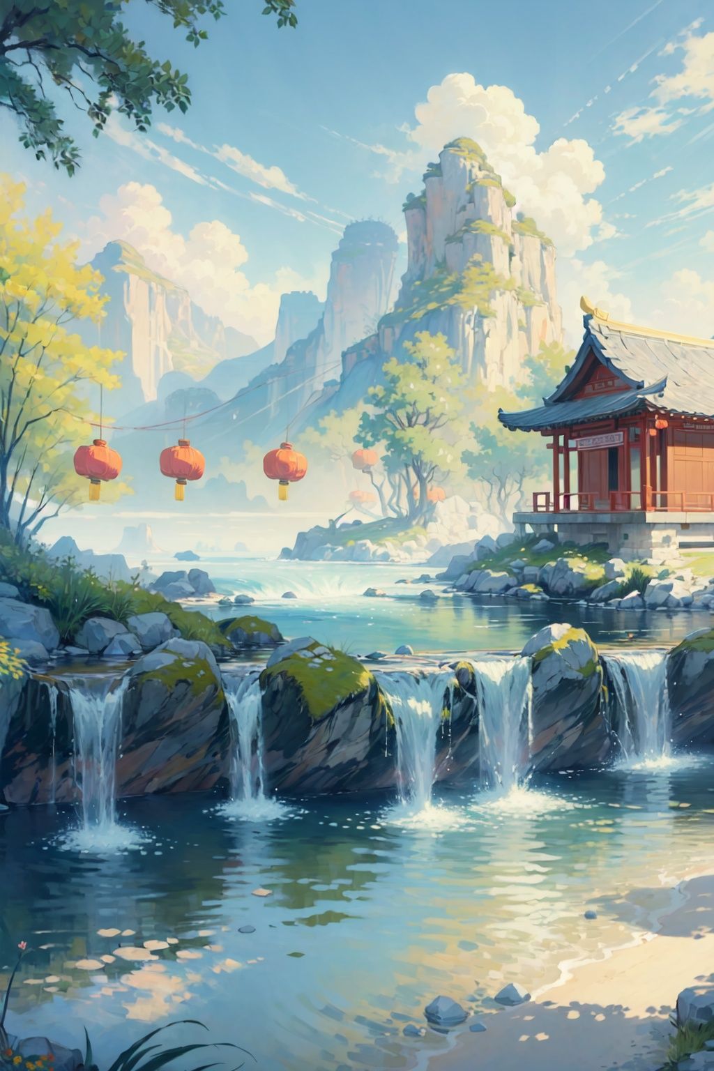  (((masterpiece))), ((extremely detailed CG unity 8k wallpaper)), best quality, high resolution illustration, Amazing, highres, intricate detail, (best illumination, best shadow, an extremely delicate and beautiful), 2D ConceptualDesign, scenery, outdoors, cloud, day, sky, tree, blue sky, mountain, landscape, water, backpack,(chinese new year:1.2), Oil painting