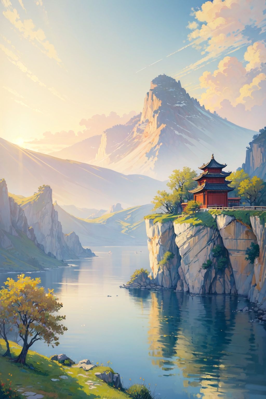  (((masterpiece))), ((extremely detailed CG unity 8k wallpaper)), best quality, high resolution illustration, Amazing, highres, intricate detail, (best illumination, best shadow, an extremely delicate and beautiful), 2D ConceptualDesign, scenery, outdoors, cloud, day, sky, tree, blue sky, mountain, landscape, water, backpack,(chinese new year:1.2), Oil painting
