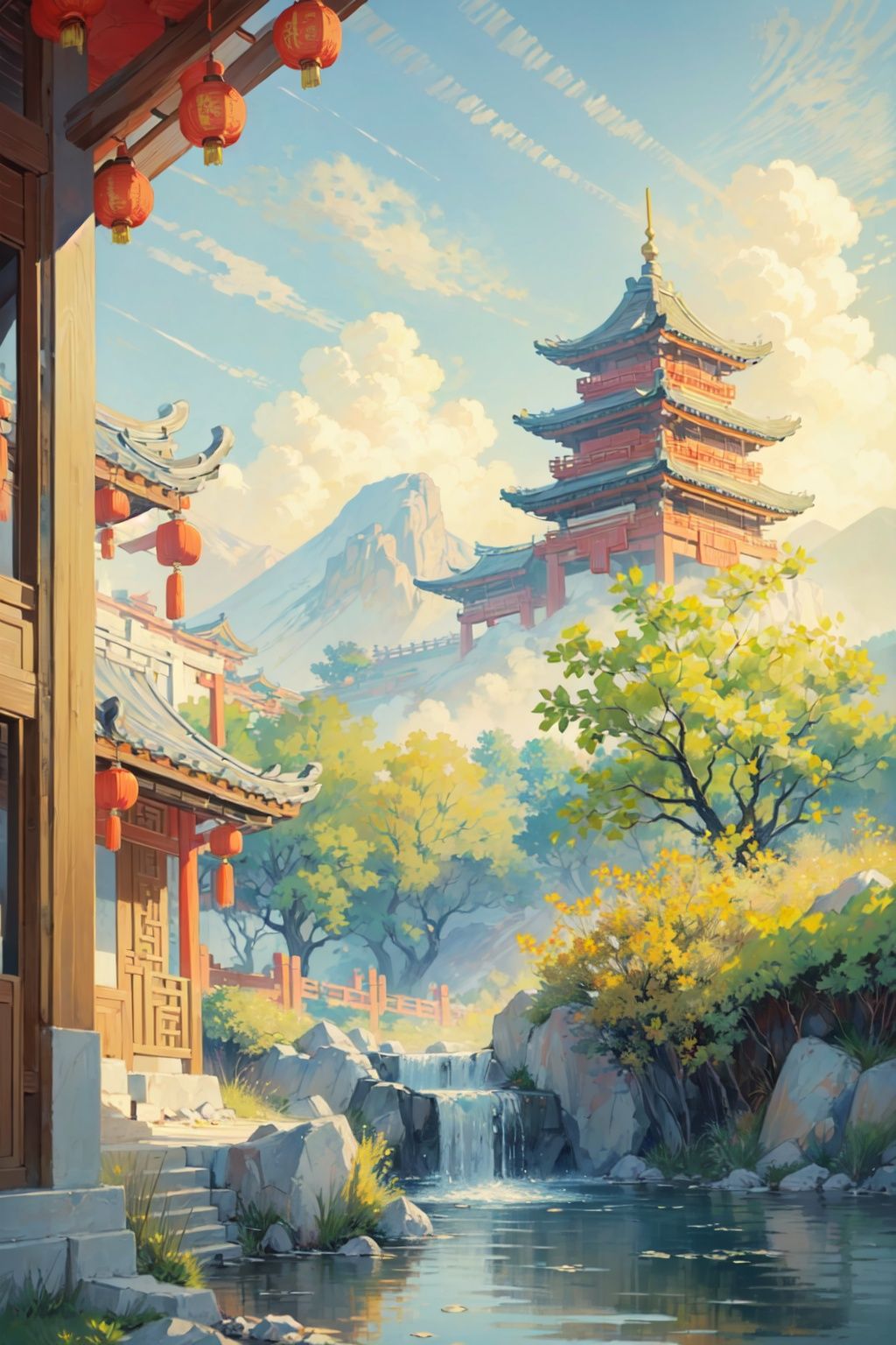  (((masterpiece))), ((extremely detailed CG unity 8k wallpaper)), best quality, high resolution illustration, Amazing, highres, intricate detail, (best illumination, best shadow, an extremely delicate and beautiful), 2D ConceptualDesign, scenery, outdoors, cloud, day, sky, tree, blue sky, mountain, landscape, water, backpack,(chinese new year:1.2), Oil painting