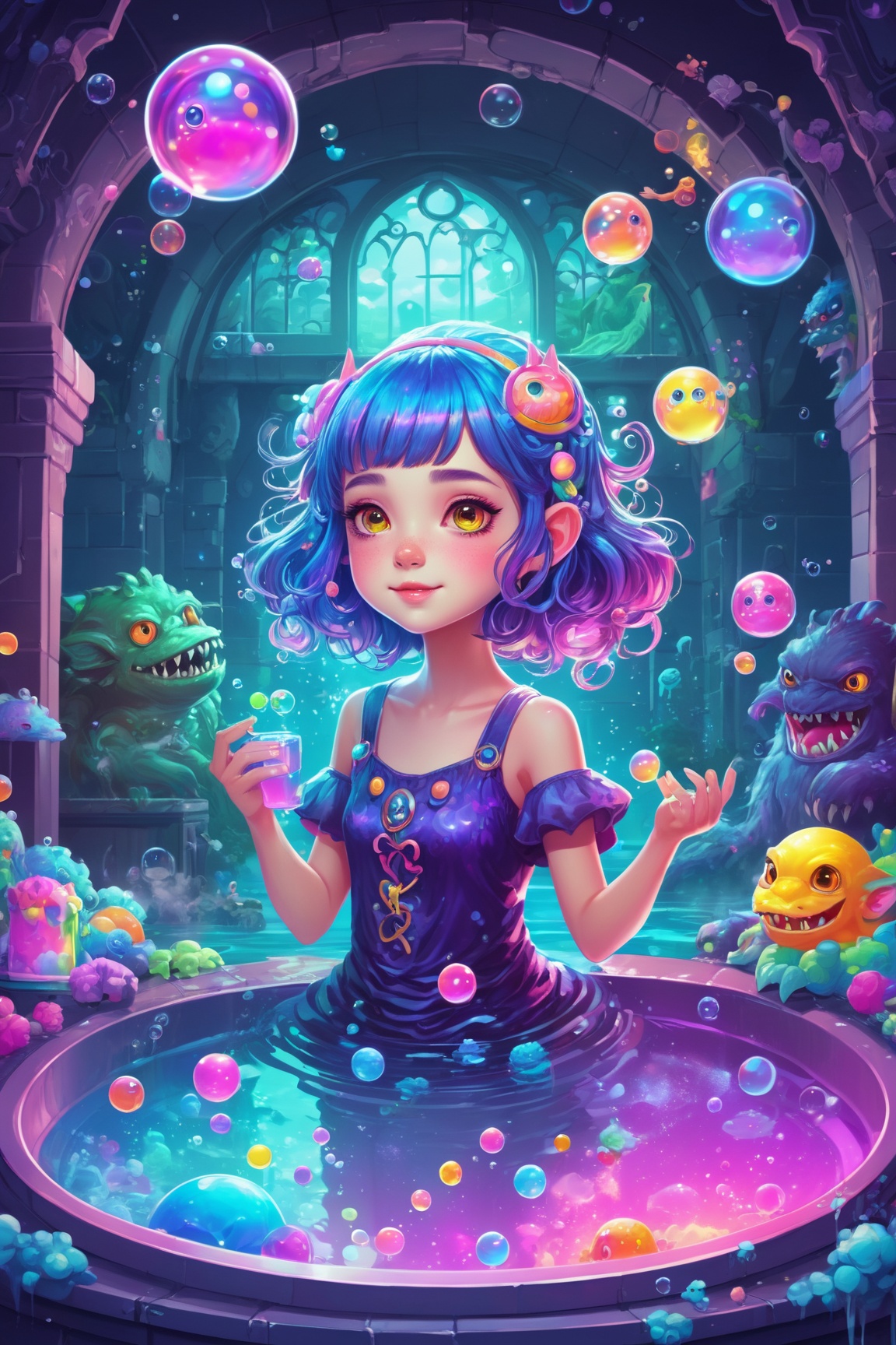 Colorfull,  bathe girl in bathub,  dark fantasy bathroom,  monsters bubbles,  pastel color,  cartoon,  cute,  kawaii,  magic,  psychedelic,  creative,  neon color,  bright,  anime art,  complex detailing,  high detailed,  high_res, Magical Fantasy style