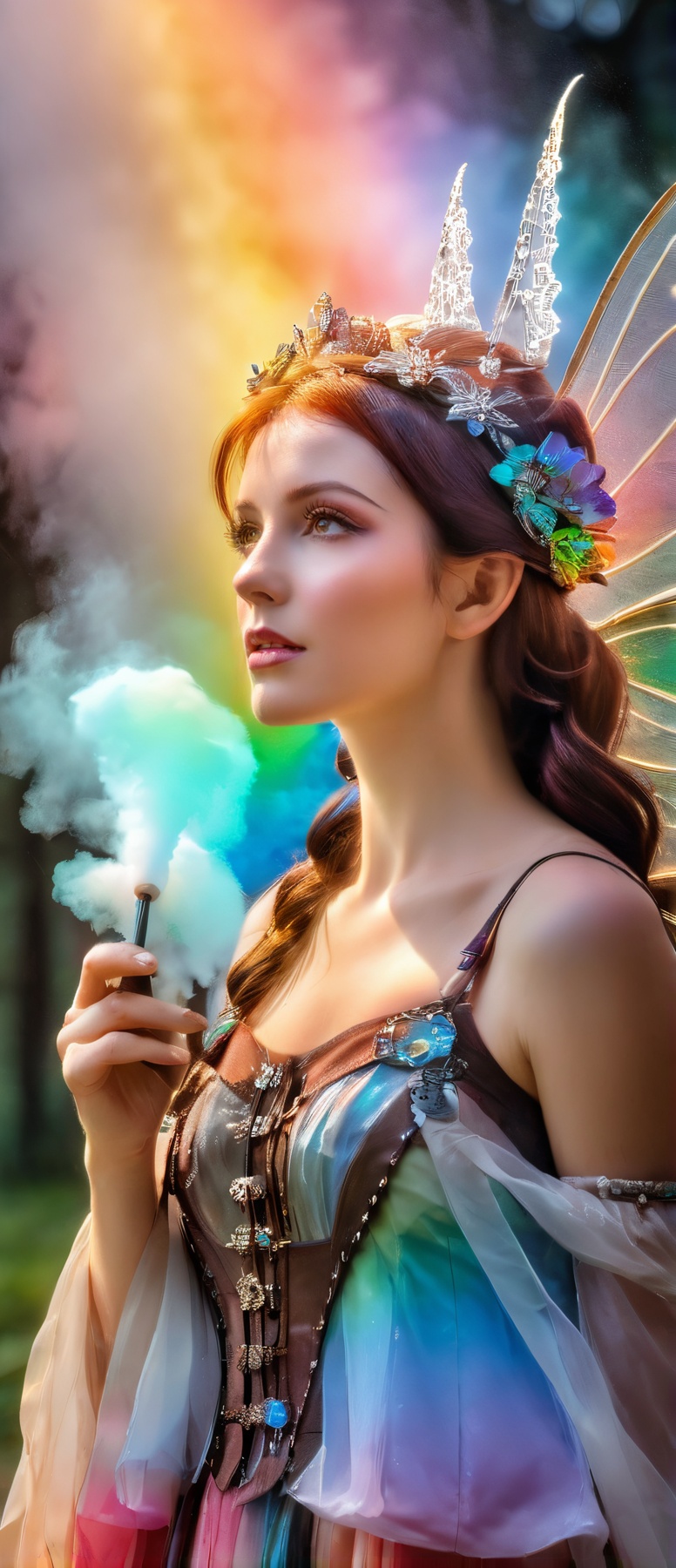 fine art masterclass splash spray trickle daubs of rainbow opaline Prisma Sakuraoil color, Steampunk celestial ethereal ghostly Fairy,  HDR,  ultra high-detail,  centered,  bokeh,  lens flare,  foggy dusk,  bloom,  light bloom,  cinematic lighting,  high dynamic range,  depth of field,  full pose