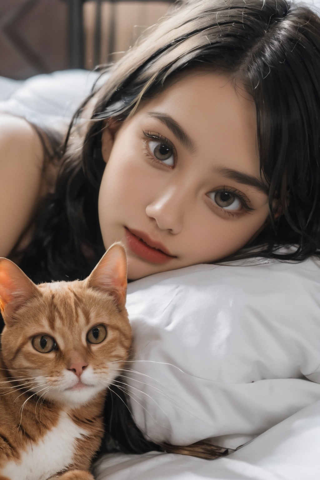 hermosa mujer despertando en su cama,  pijama naranja de gatos,  busto 20 on Tensor.Art