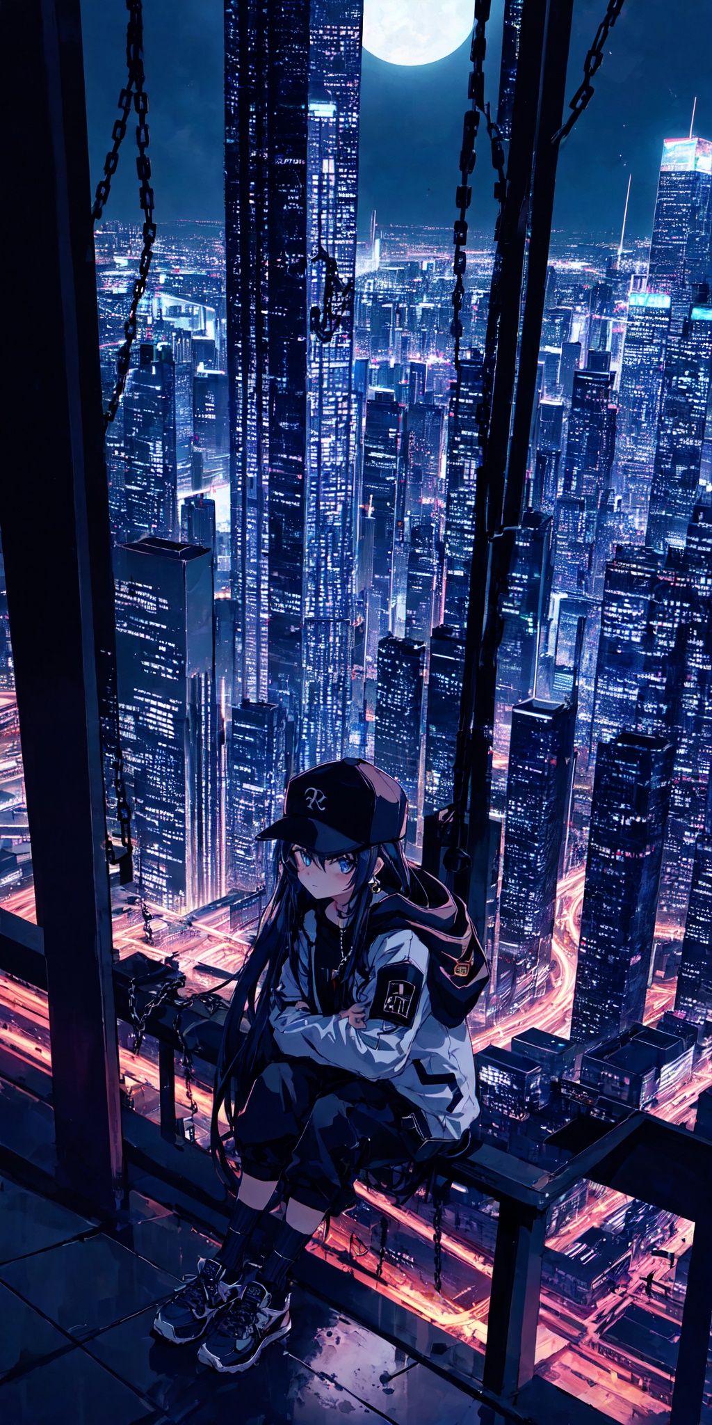 skyscraper, building, city, cityscape, hat, earrings, baseball_cap, 1girl, long_hair, jacket, chain-link_fence, hood, bridge, solo, architecture, shoes, sitting, city_lights, east_asian_architecture, looking_at_viewer,  , neonpunkai