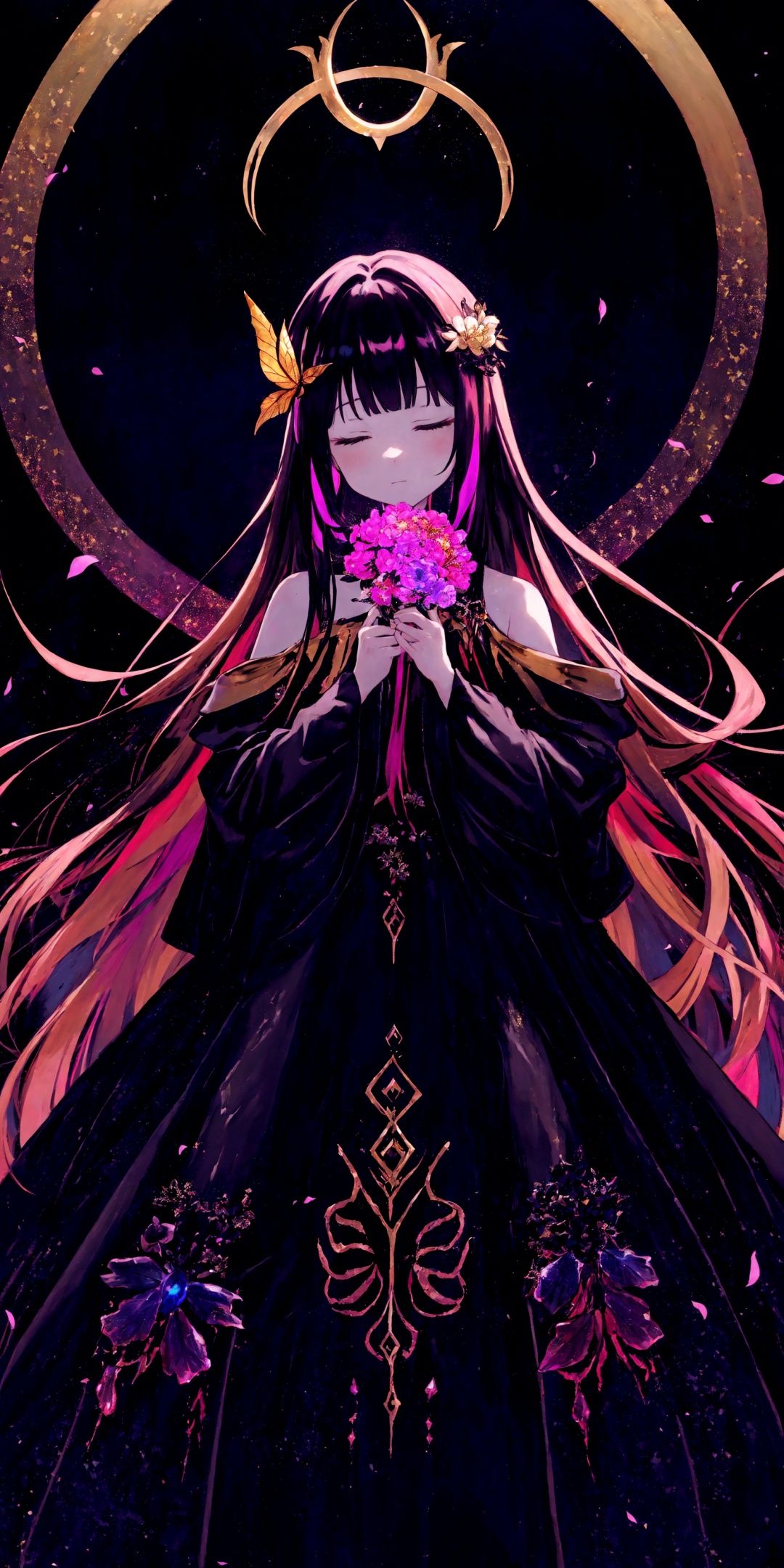 1girl,hair ornament,long hair,solo,brown flower,iridescent hair flower,black iridescent hair,iridescent background,bug,long sleeves,butterfly,bangs,simple background,blood-holy dark energy,vampire,holding,highest-noise,color-invested,spectrum widesleeves,helios,Rahu,Asura,upper body,half-closed eyes, hell clothes,heli ribbon,iridescent gold petals,front,blunt bangs,dress,looking down,very long hair,closed mouth, supernovae, iridescent, fractal gold, iridescent,sunlit,Ares,rim light,beautiful halo,multicolorrd colorful iridescent dress,Transcent black light background,multicolorrd colorful iridescent dress, real , - (looking the viewer), Ares, goddess - 1girl,hair ornament,long hair,solo,brown flower,iridescent hair flower,black iridescent hair,iridescent background,bug,long sleeves,butterfly,bangs,simple background,blood-holy dark energy,vampire,holding,highest-noise,color-invested,spectrum widesleeves,helios,Rahu,Asura,upper body,half-closed eyes, hell clothes,heli ribbon,iridescent gold petals,illusion world tree ,front,blunt bangs,dress,looking down,very long hair,closed mouth,profile,holding flower, supernovae, iridescent, fractal gold, iridescent,sunlit,Ares,rim light,beautiful halo,multicolorrd colorful iridescent dress,Transcent black light background,helios, multicolorrd colorful iridescent dress, real, - (looking the viewer), Ares, goddess, flame everlasting, memories, red flare sun illusion world tree,supernovae,iridescent,fractal gold, iridescent,sunlit,Ares
