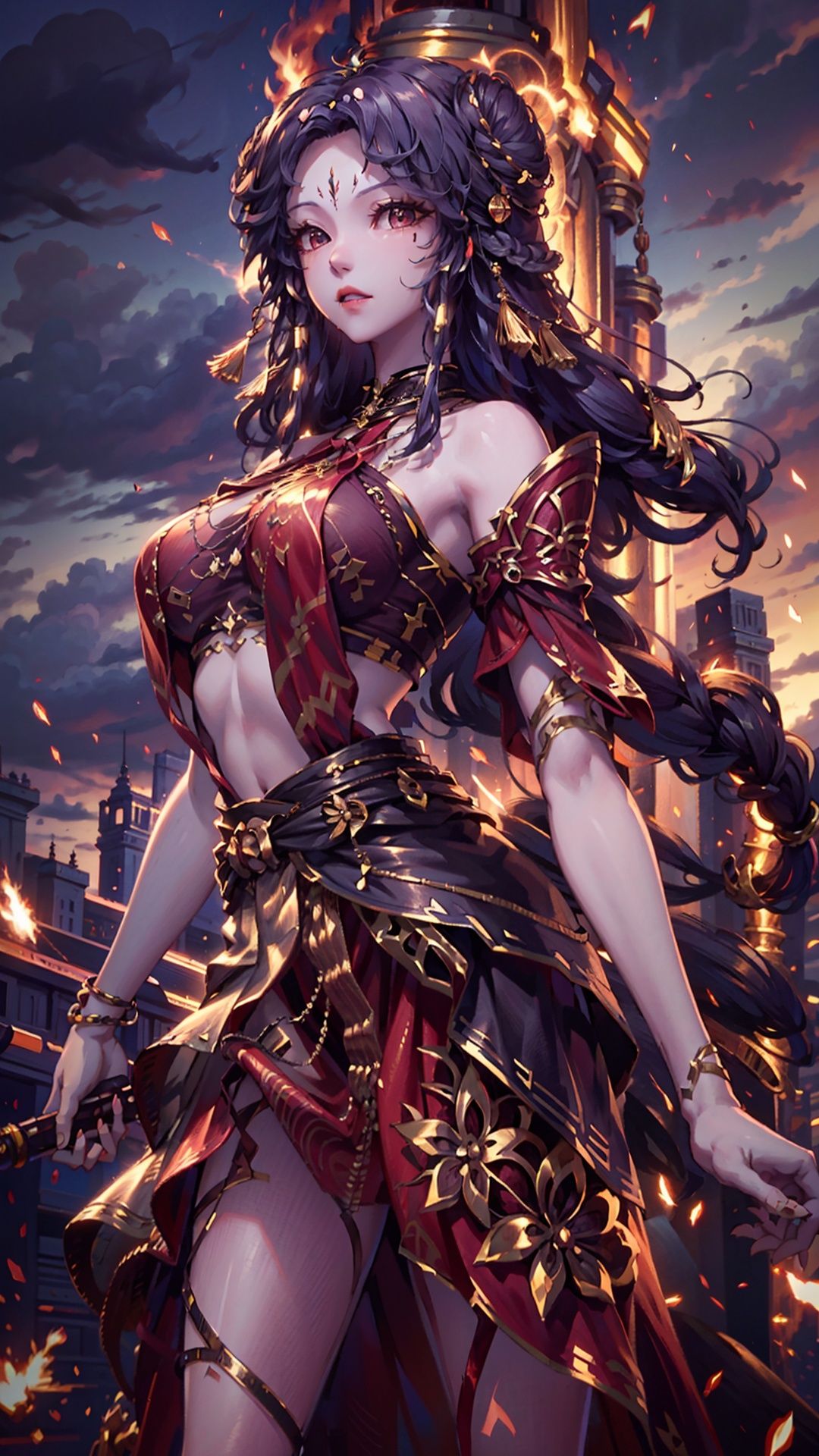  masterpiece,best quality,1girl, long hair, solo, jewelry, red skirt, black hair, hair ornament, facial mark, bare shoulders, cowboy shot, dynamic pose, dynamic angle,