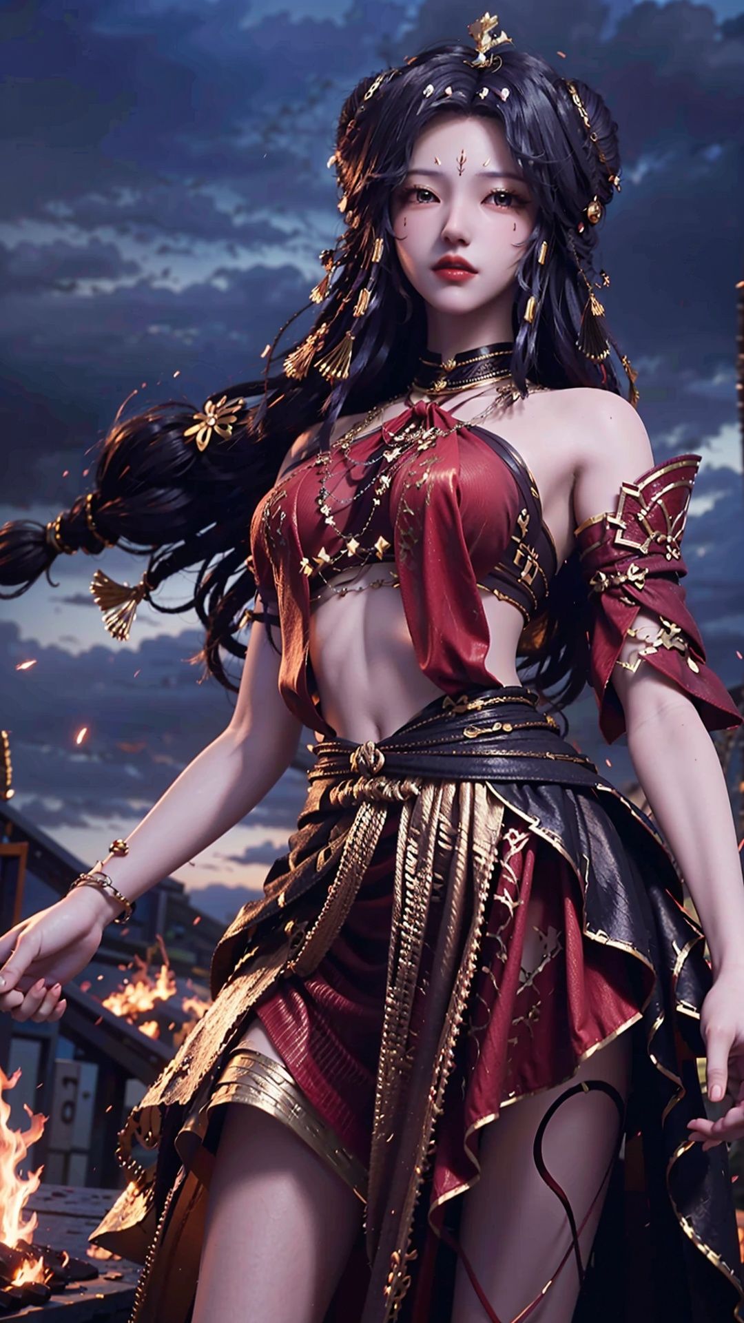  masterpiece,best quality,1girl, long hair, solo, jewelry, red skirt, black hair, hair ornament, facial mark, bare shoulders, cowboy shot, dynamic pose, dynamic angle,
