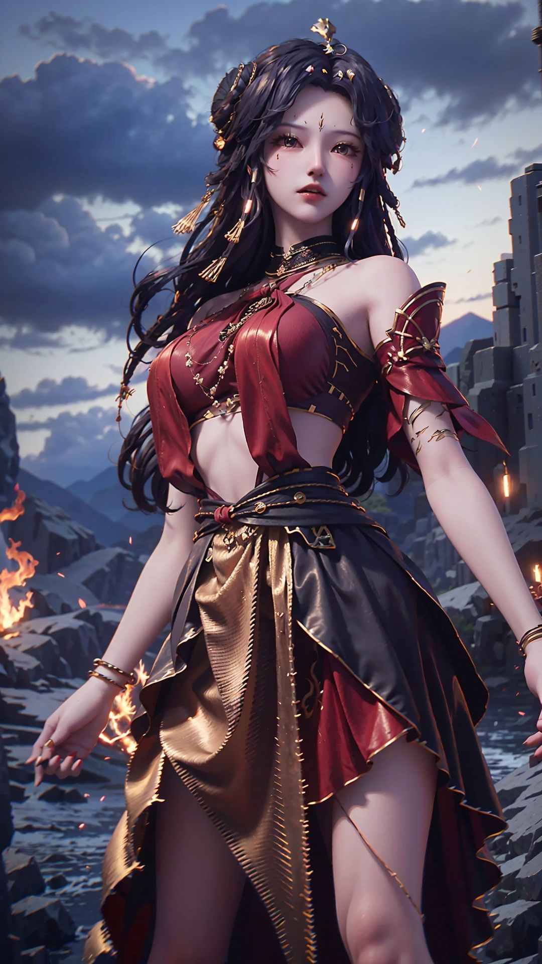  masterpiece,best quality,1girl, long hair, solo, jewelry, red skirt, black hair, hair ornament, facial mark, bare shoulders, cowboy shot, dynamic pose, dynamic angle,