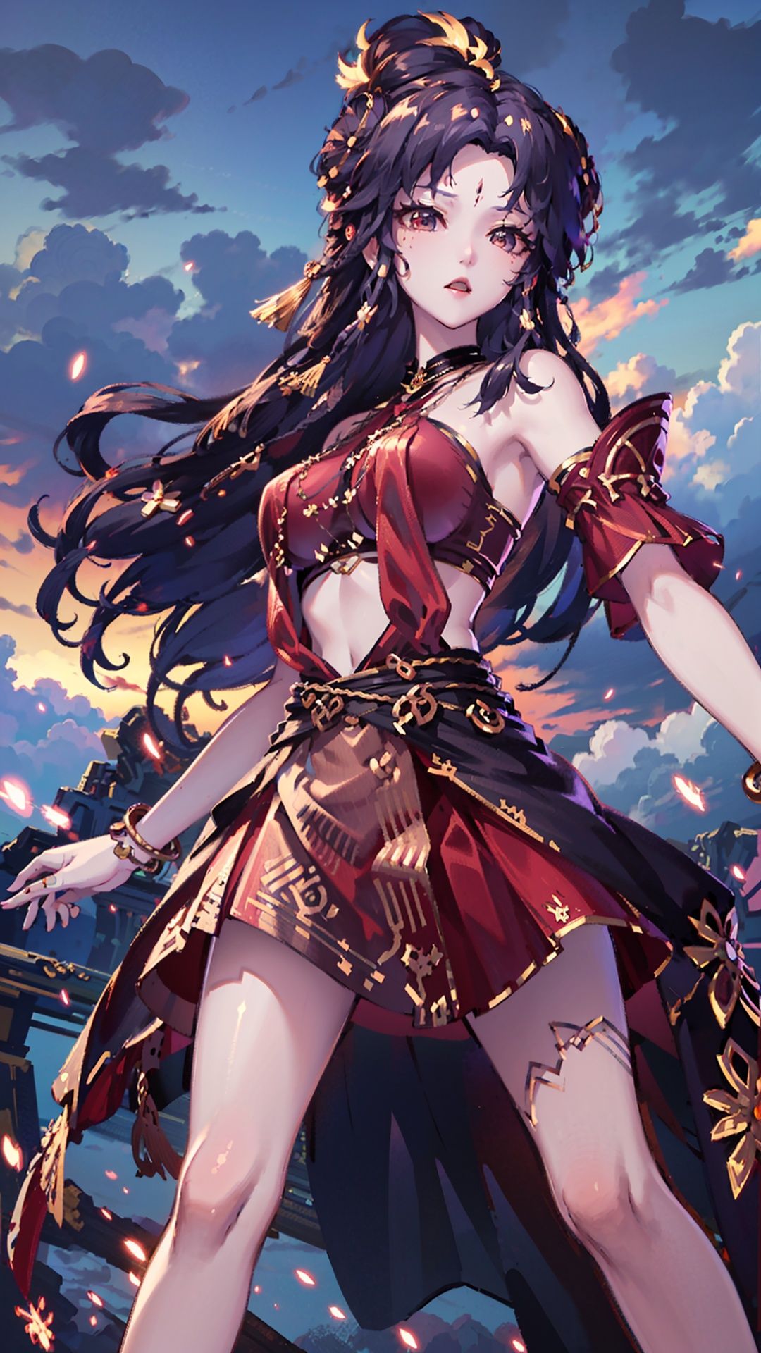  masterpiece,best quality,1girl, long hair, solo, jewelry, red skirt, black hair, hair ornament, facial mark, bare shoulders, cowboy shot, dynamic pose, dynamic angle,